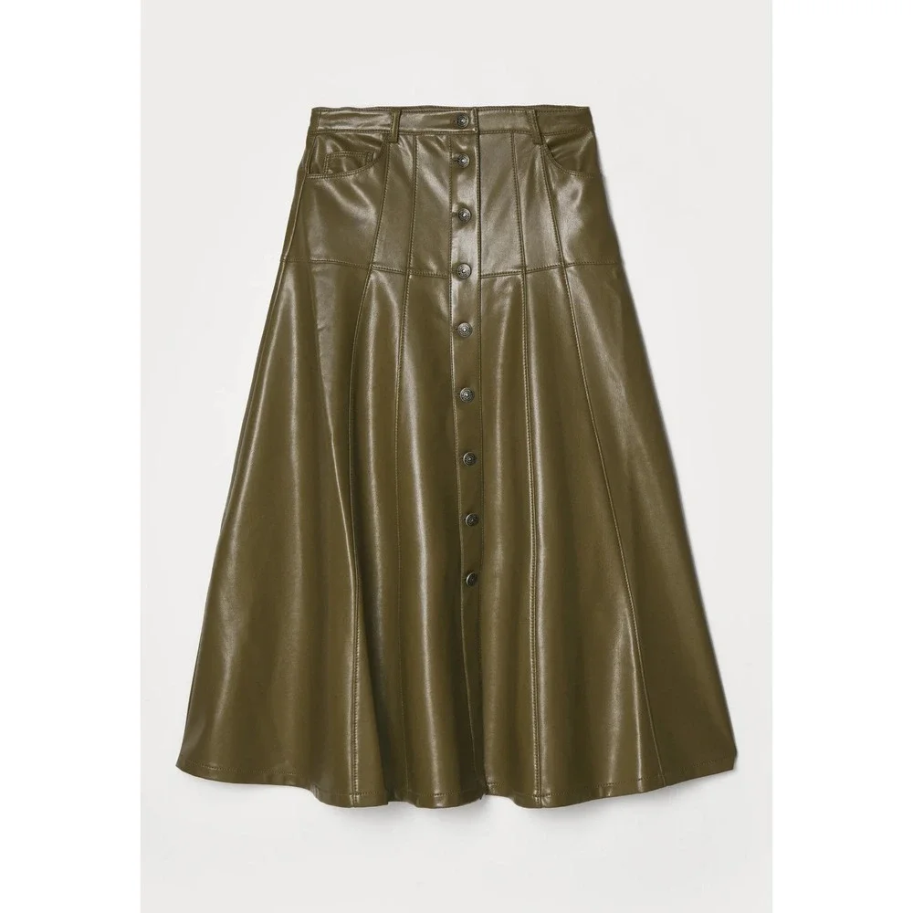 Cinq À Sept Veena Skirt a-line Midi Button Olive  Green Vegan Leather  6 Worn 1x